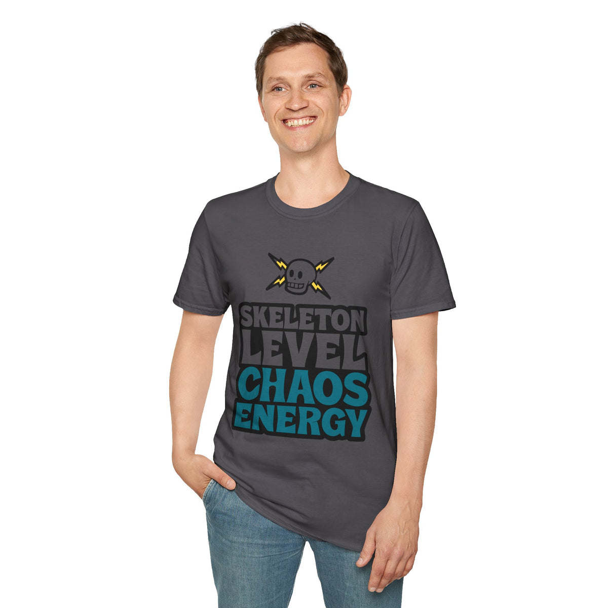 Skeleton Level Chaos Energy Teal Lightning Bolt T-Shirt - Edgy Alt Streetwear Graphic Tee - Trending Now - September 2026