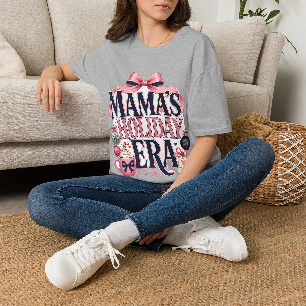 Mama's Holiday Era T-Shirt — Festive Pink Bow Christmas Tee for Moms
