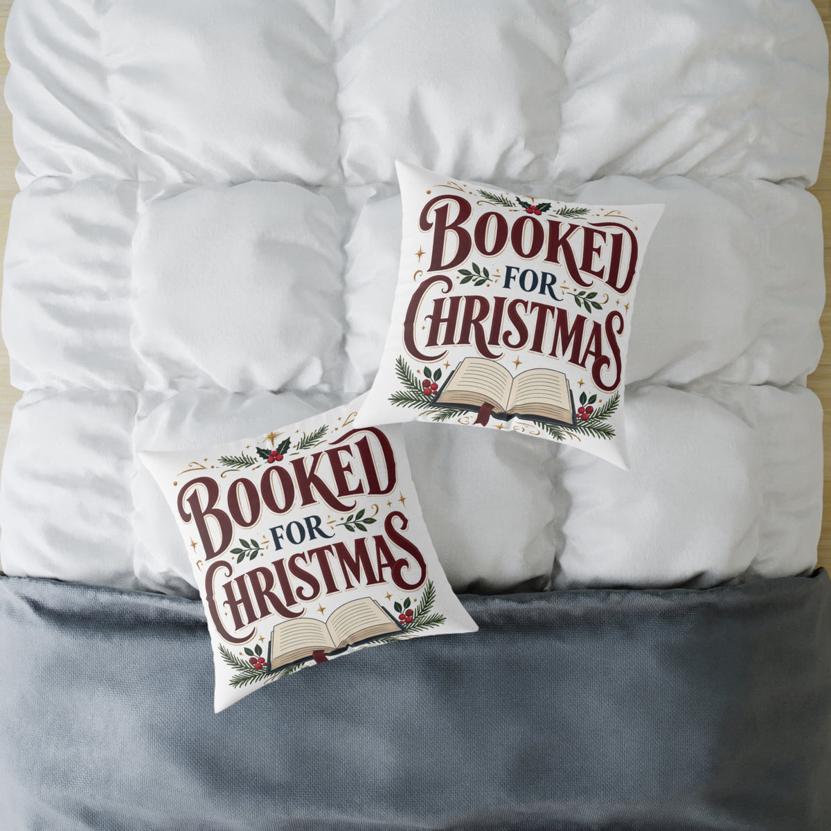 Christmas Book Lover Pillow — "Booked for Christmas" Decorative Throw Pillow