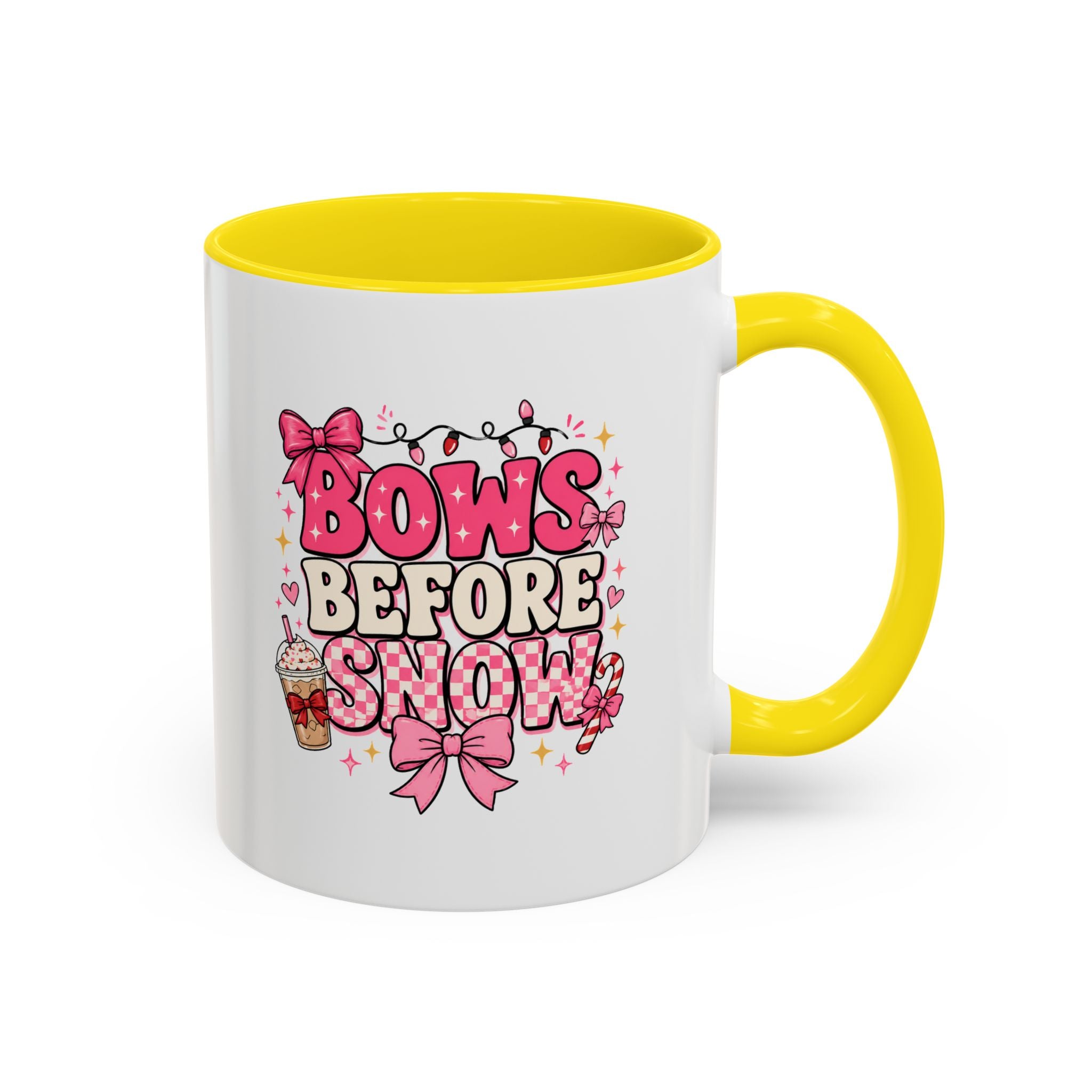 Modern Day Christmas Bows Before Snow Accent Coffee Mug — Cute Pink Holiday Hot Cocoa Design (11/15oz)