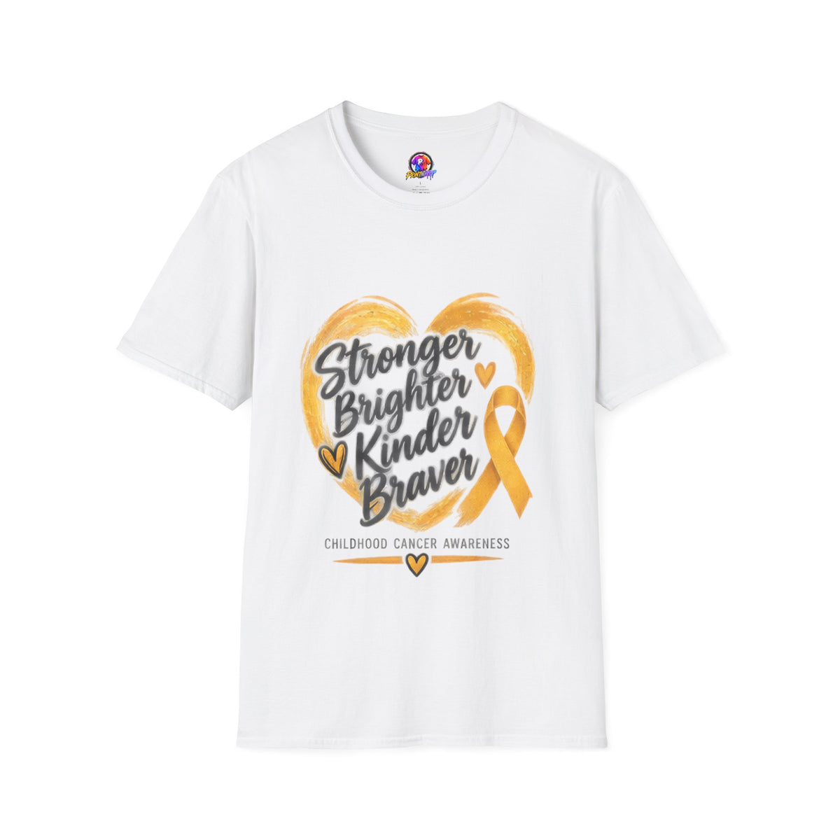 Childhood Cancer Awareness T-Shirt — "Stronger Brighter Kinder Braver" Gold Ribbon