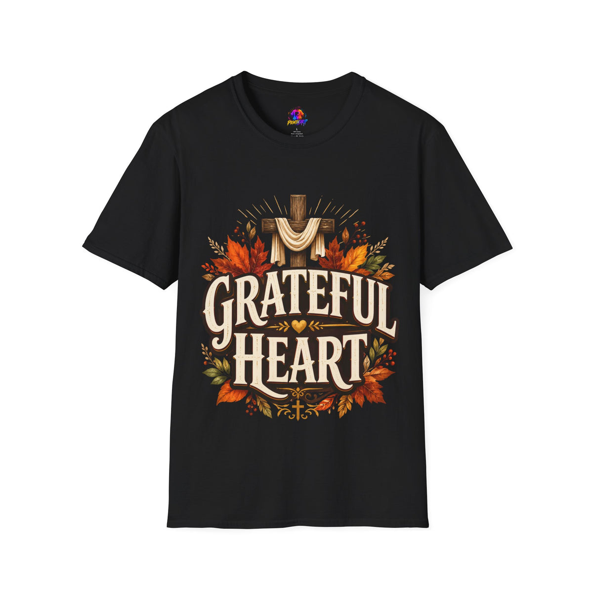Thanksgiving T-Shirt Grateful Heart T-Shirt — Christian Cross & Autumn Leaves Thanksgiving Tee