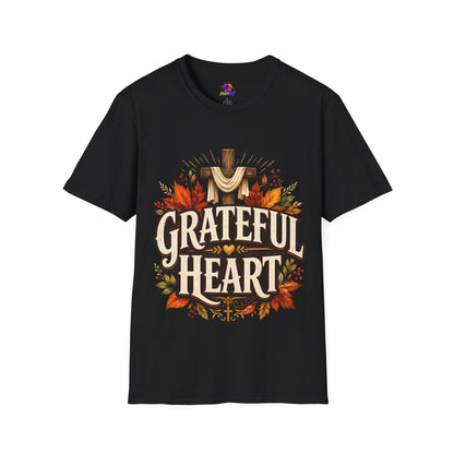 Grateful Heart T-Shirt — Christian Cross & Autumn Leaves Thanksgiving Tee