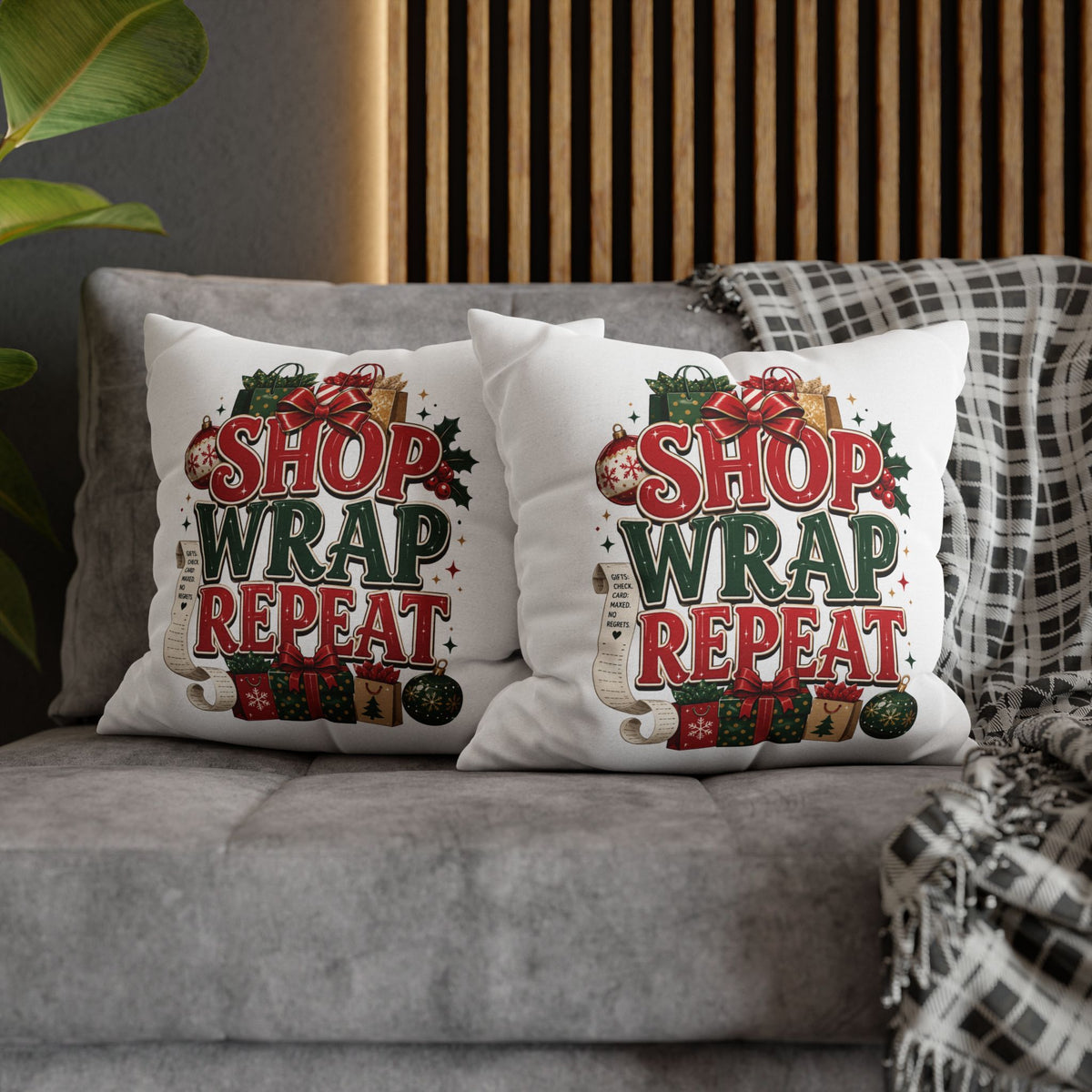 Shop Wrap Repeat Christmas Pillowcase — Holiday Decorative Throw Pillow Cover