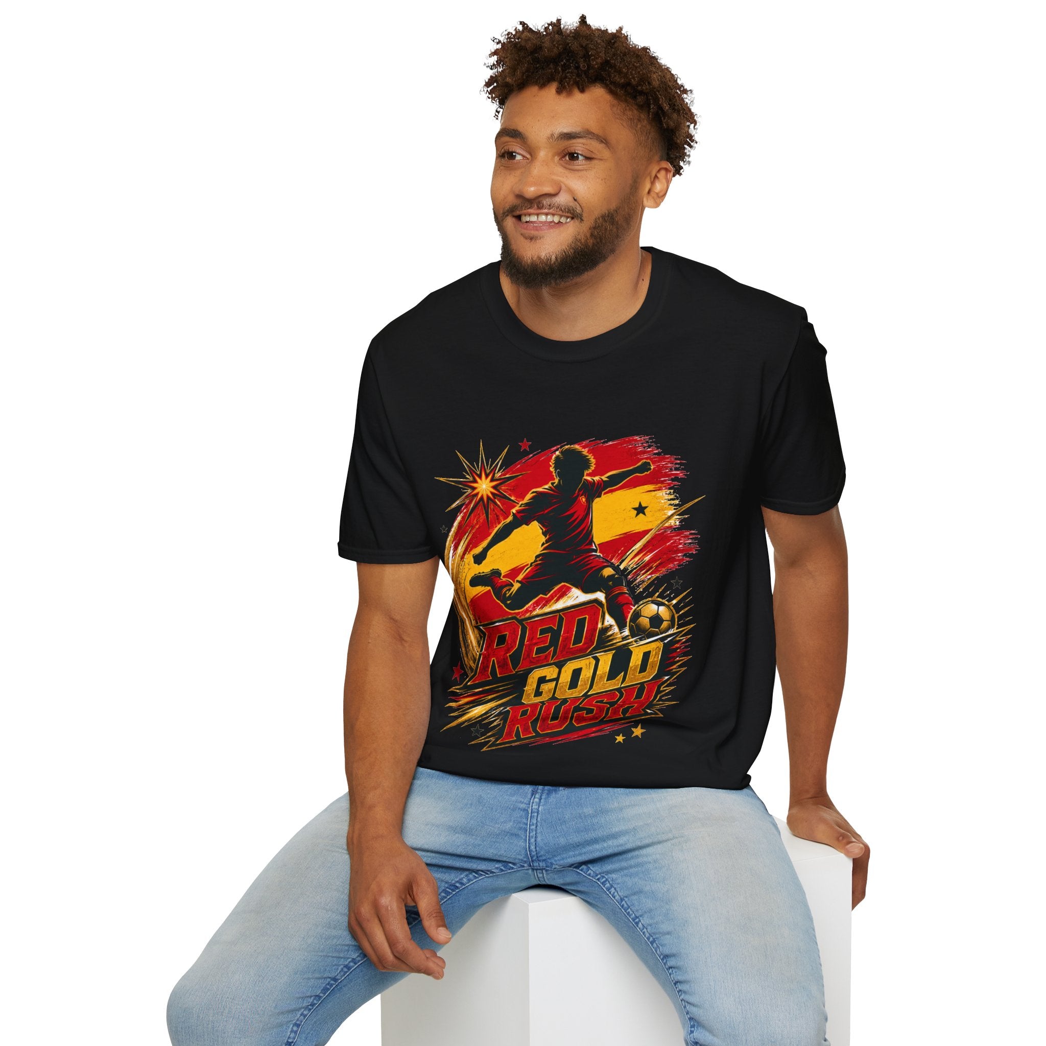 Spain Red & Gold Rush Soccer T-Shirt — Retro Soccer Player Graphic