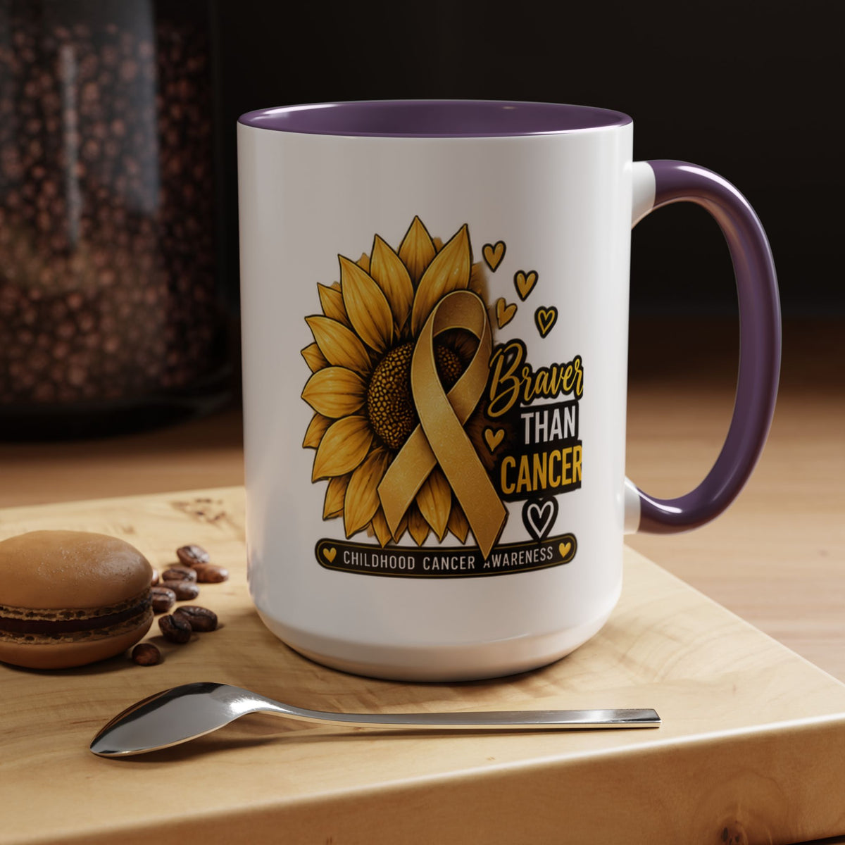 Childhood Cancer Awareness Mug — "Braver Than Cancer" Sunflower & Gold Ribbon