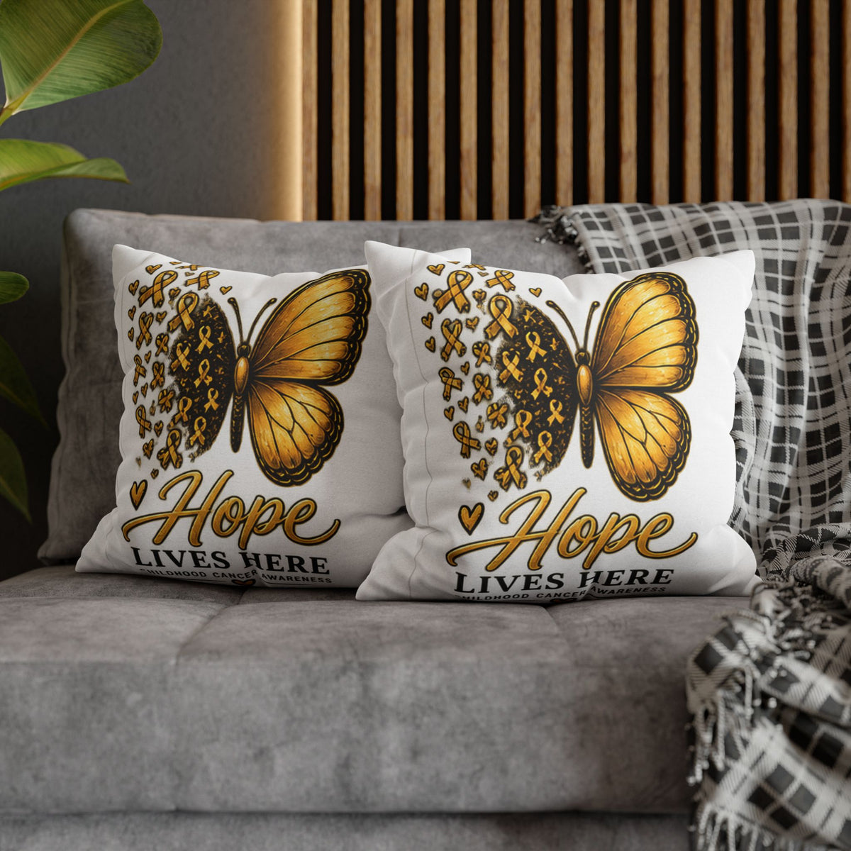 Childhood Cancer Awareness Pillow – "Hope Lives Here" Gold Ribbon Butterfly Square Pillowcase