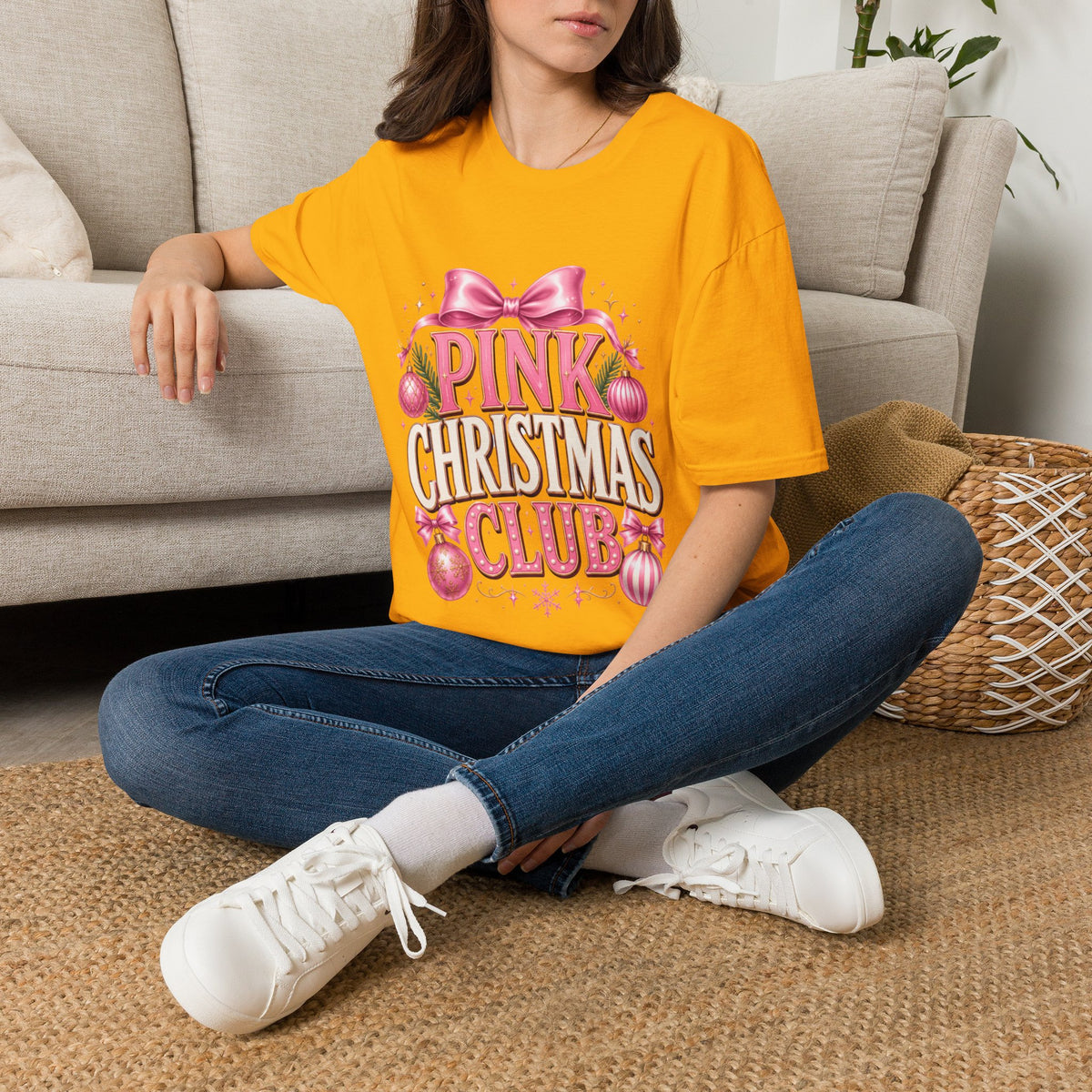 Pink Christmas Club T-Shirt — Womens Festive Holiday Tee with Bow & Ornaments
