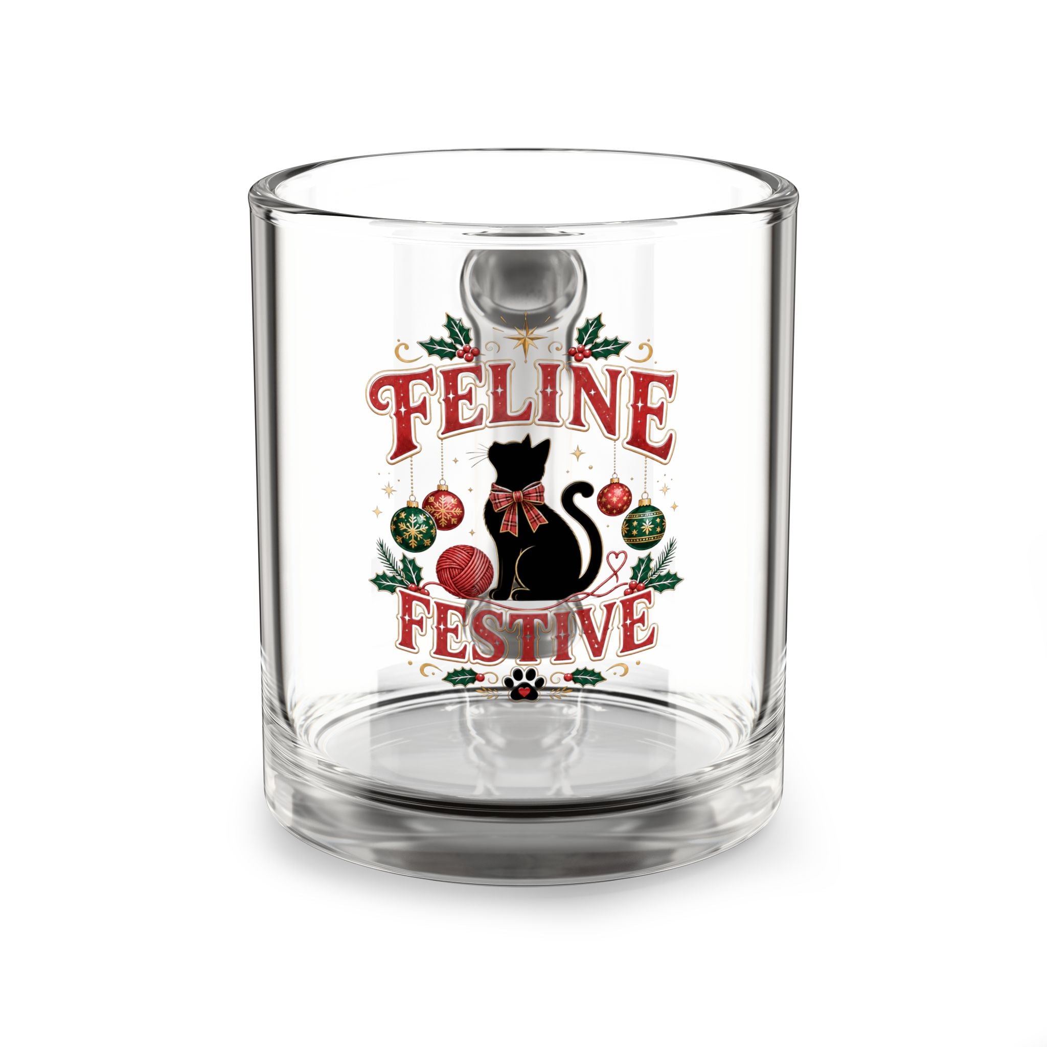 Christmas Glass Mug 10 oz Glass Mug - "Feline Festive" Holiday Cat Christmas Coffee Cup, 10oz