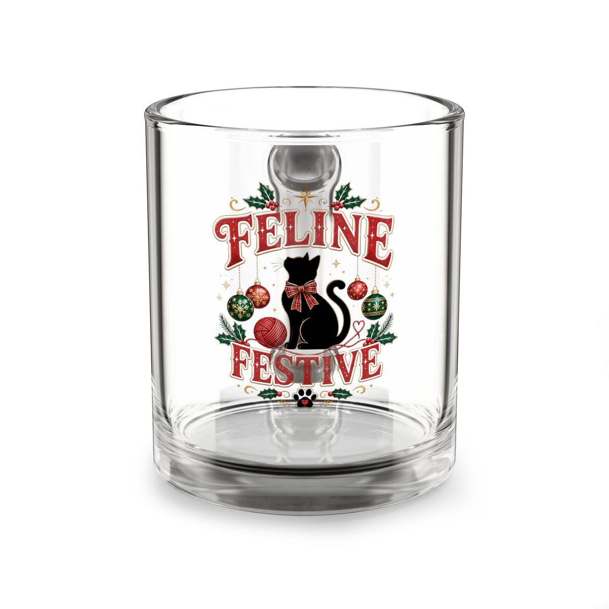 Christmas Glass Mug 10 oz Glass Mug - "Feline Festive" Holiday Cat Christmas Coffee Cup, 10oz