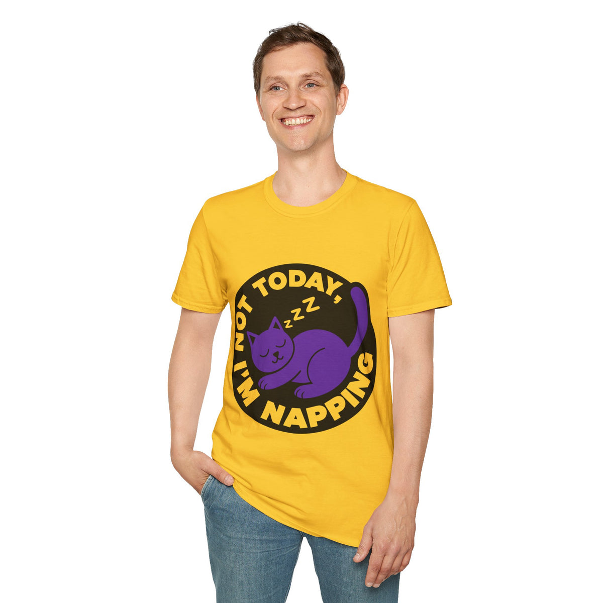 Not Today I'm Napping Purple Cat Tee - Funny Sleeping Kitten Badge Graphic T-Shirt - Trending Now - September 2026