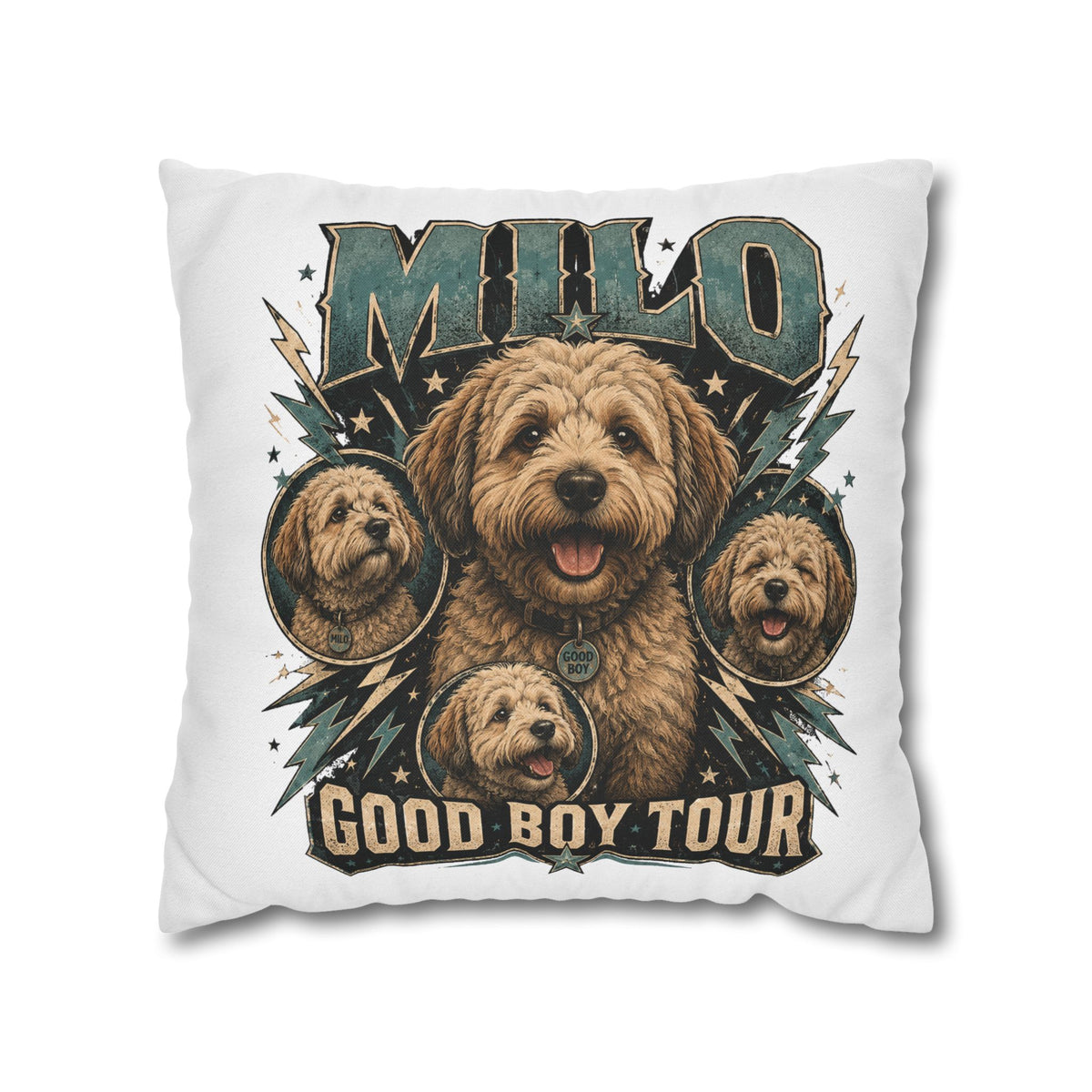 Milo "Good Boy Tour" Decorative Pillowcase — Cute Dog Portrait Square Throw Pillowcase Milo Bailey Dog Dad Mom