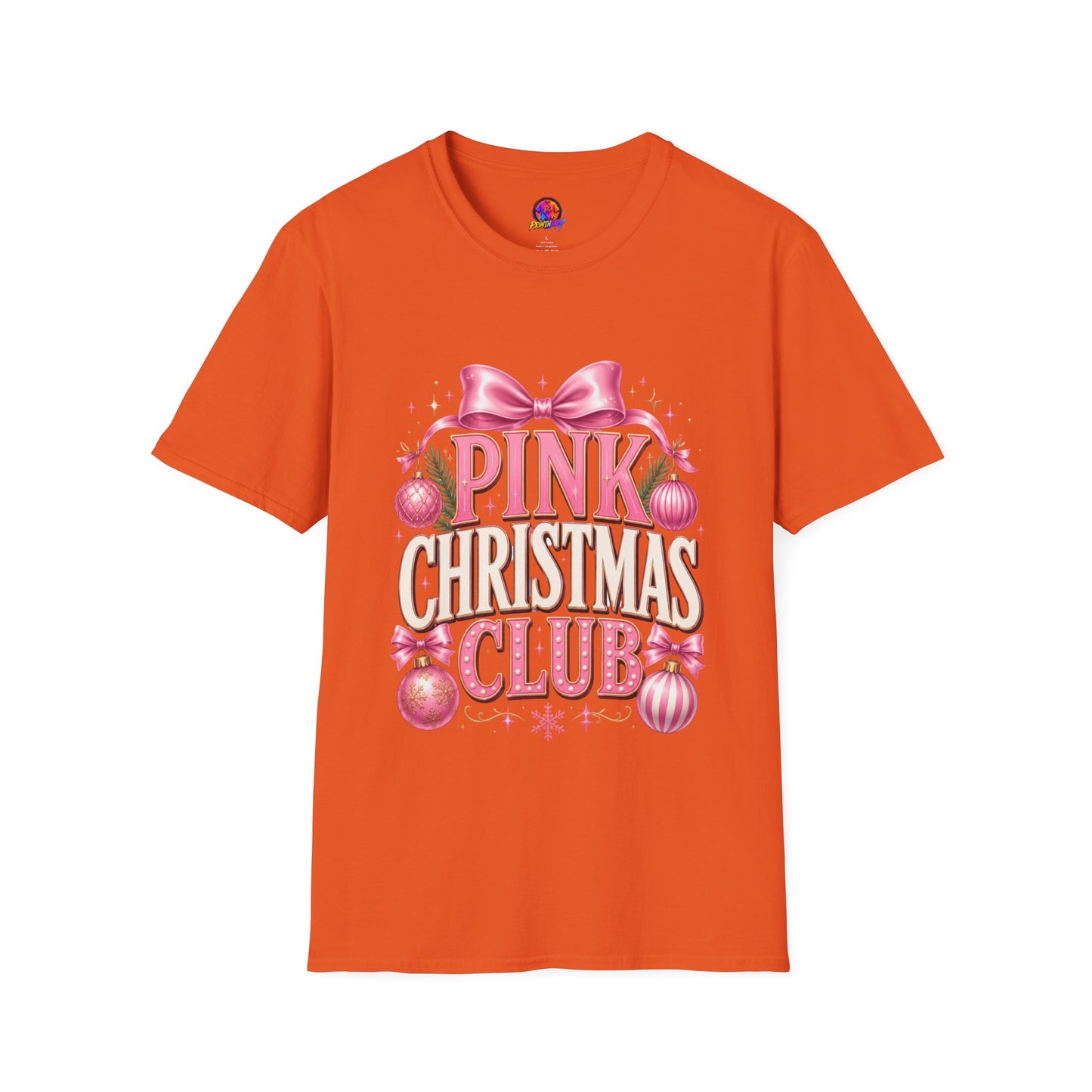 Pink Christmas Club T-Shirt — Womens Festive Holiday Tee with Bow & Ornaments