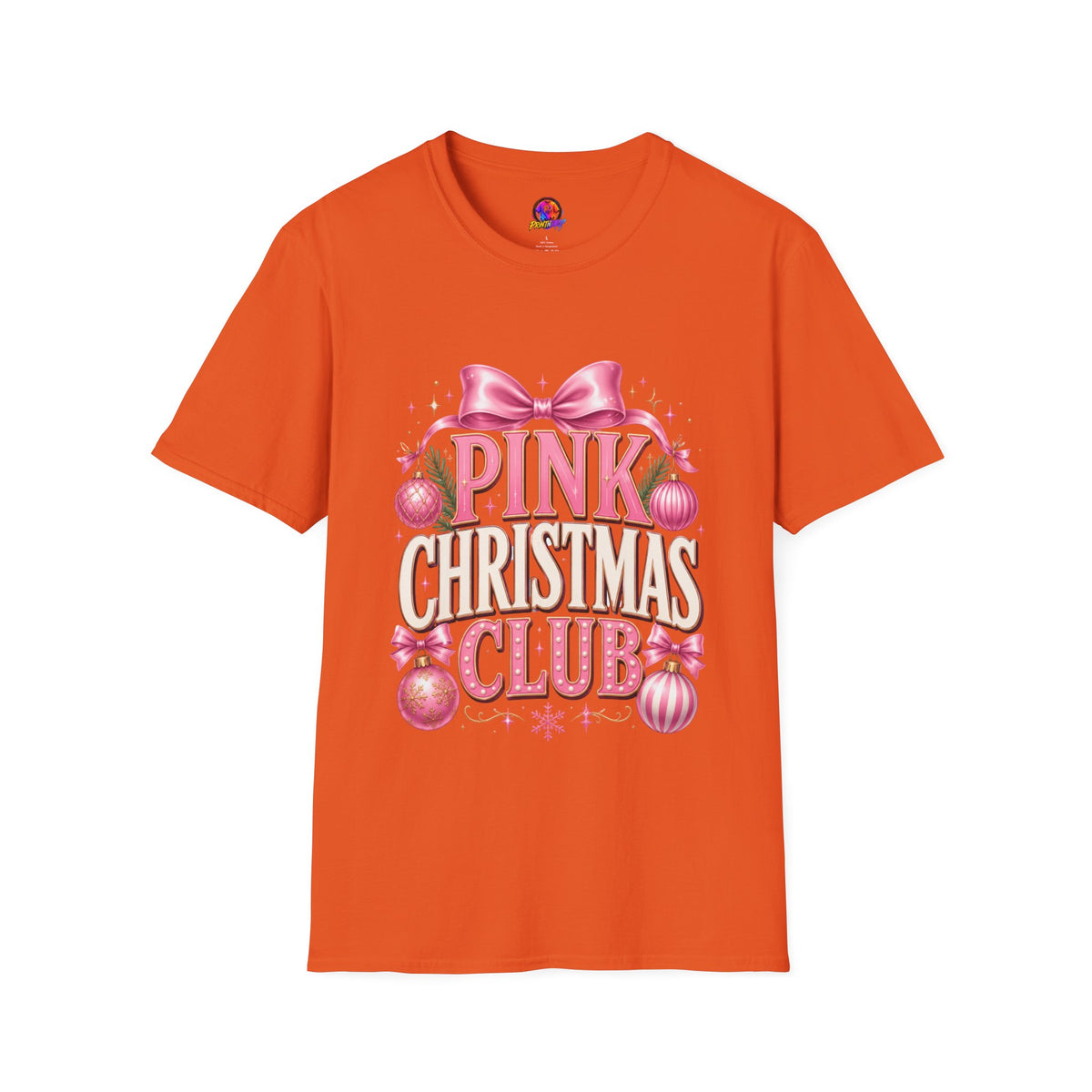 Pink Christmas Club T-Shirt — Womens Festive Holiday Tee with Bow & Ornaments