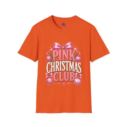 Pink Christmas Club T-Shirt — Womens Festive Holiday Tee with Bow & Ornaments