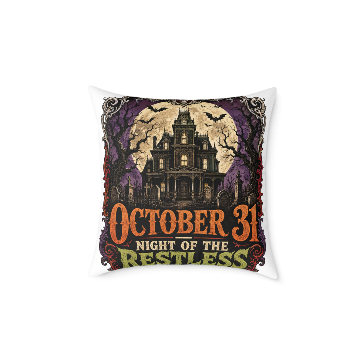 Halloween Haunted House Pillow — "October 31 Night of the Restless" Square Canvas Throw Pillow