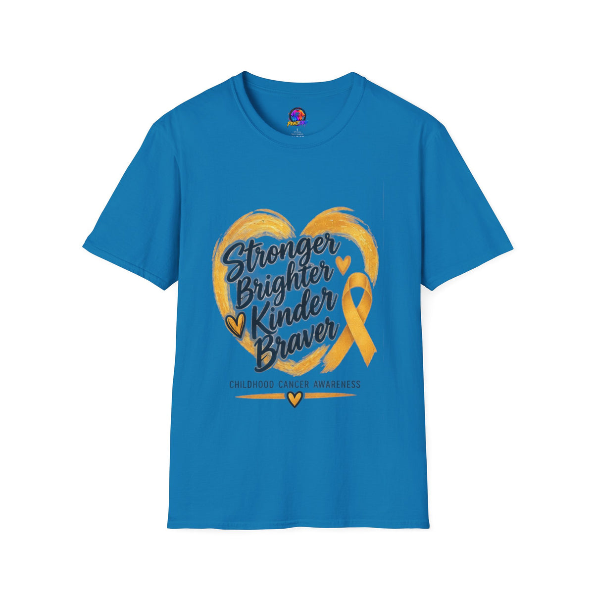 Childhood Cancer Awareness T-Shirt — "Stronger Brighter Kinder Braver" Gold Ribbon