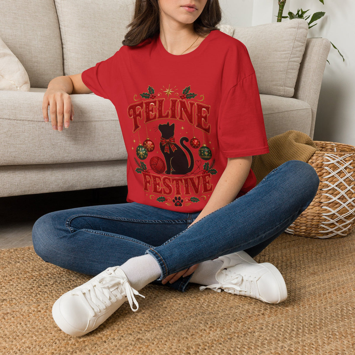Feline Festive T-Shirt — Cute Black Cat Christmas Holiday Tee