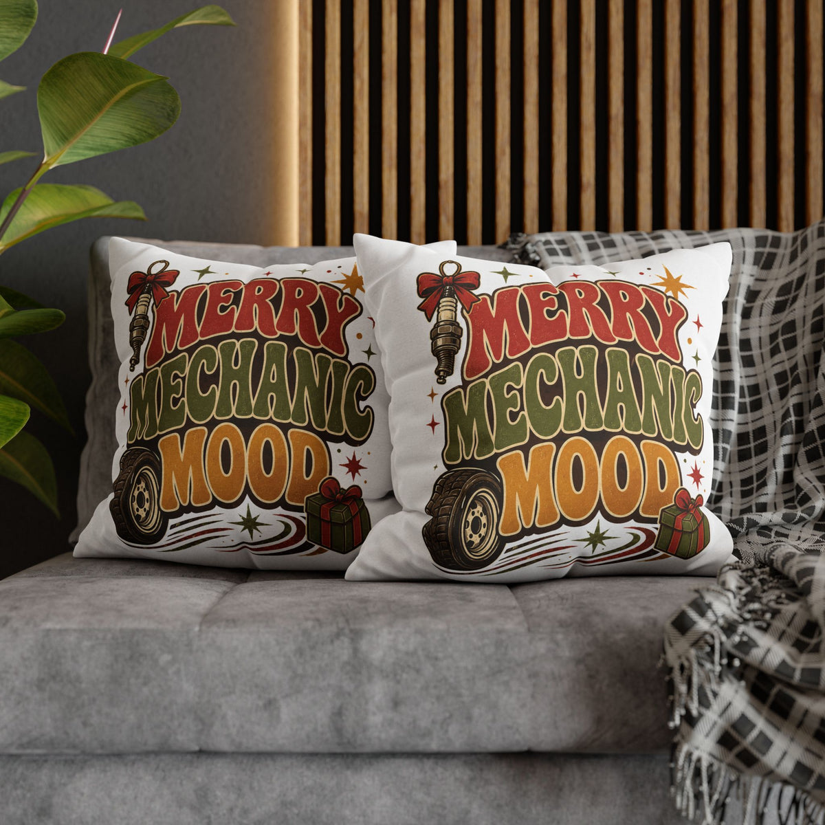 Merry Mechanic Mood Pillowcase Modern Day Christmas  — Festive Automotive Holiday Throw Pillowcase