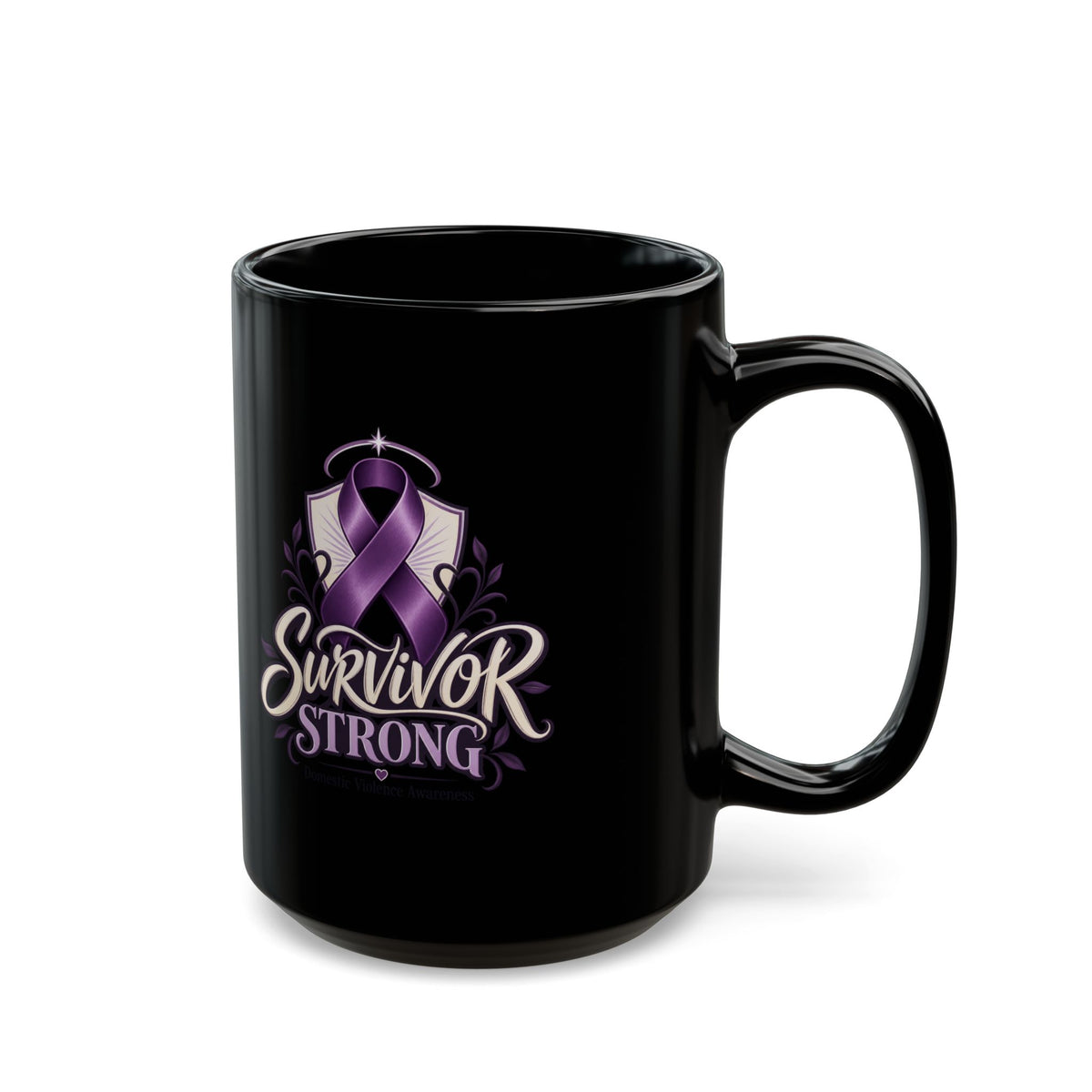 Survivor Strong Purple Ribbon Mug —Domestic Violence  Awareness Black Coffee Cup (11oz, 15oz)