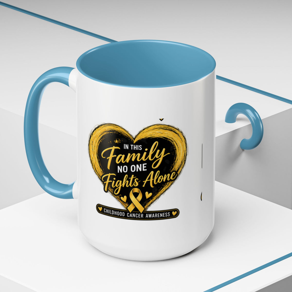 Childhood Cancer Awareness Accent Coffee Mug — "In This Family No One Fights Alone"
