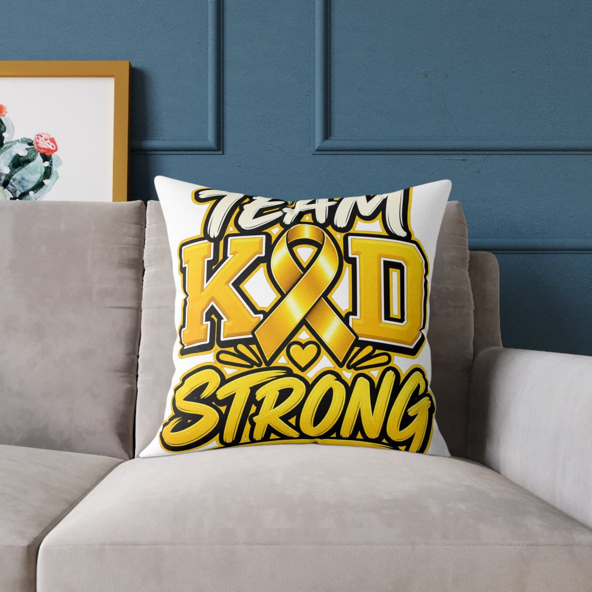 Team Kid Strong Square Throw Pillow — Childhood Cancer Awareness Ribbon Accent