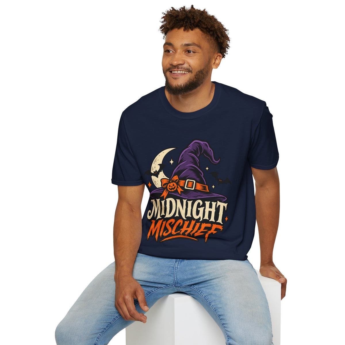 Midnight Mischief Halloween T-Shirt — Witch Hat & Bats Graphic