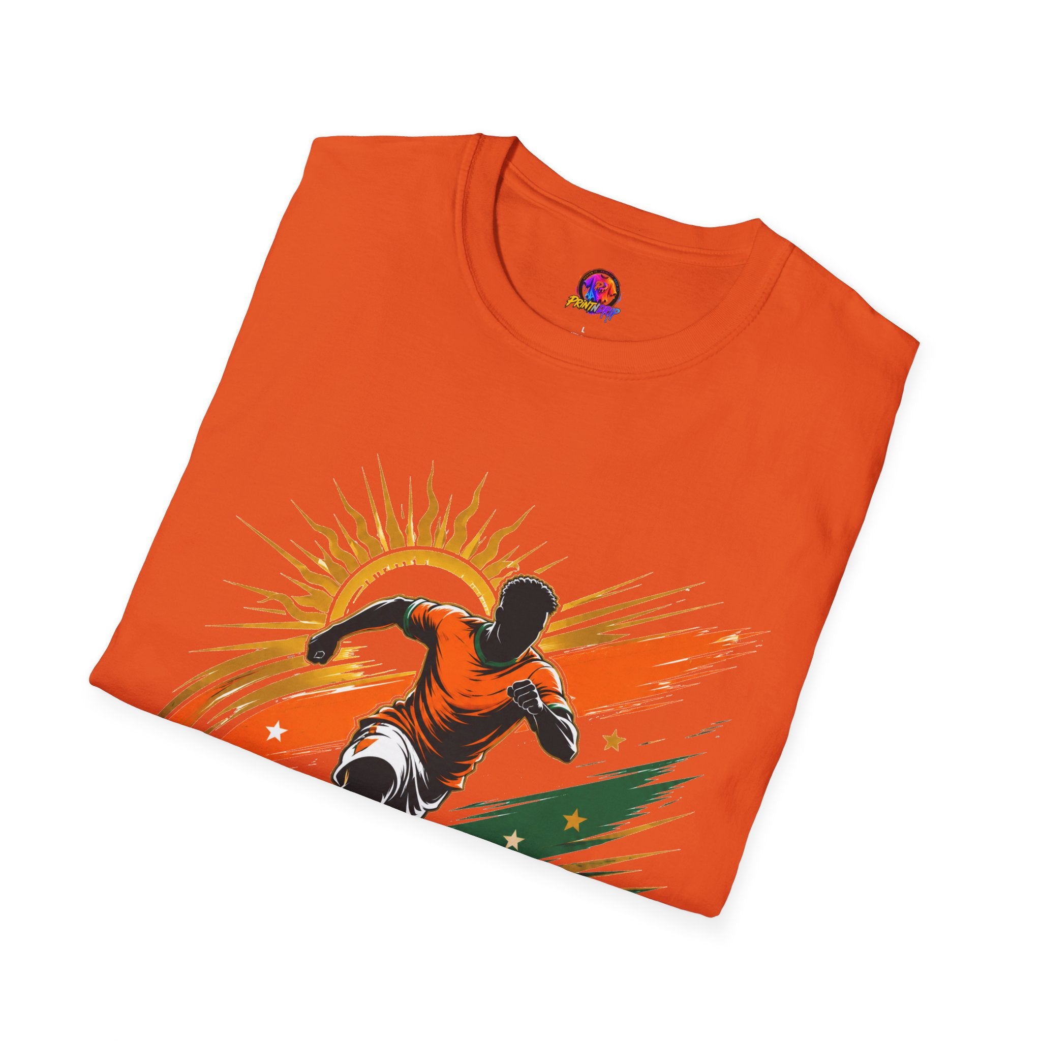 Côte d'Ivoire Orange Power Soccer T-Shirt — Dynamic Player Graphic Tee