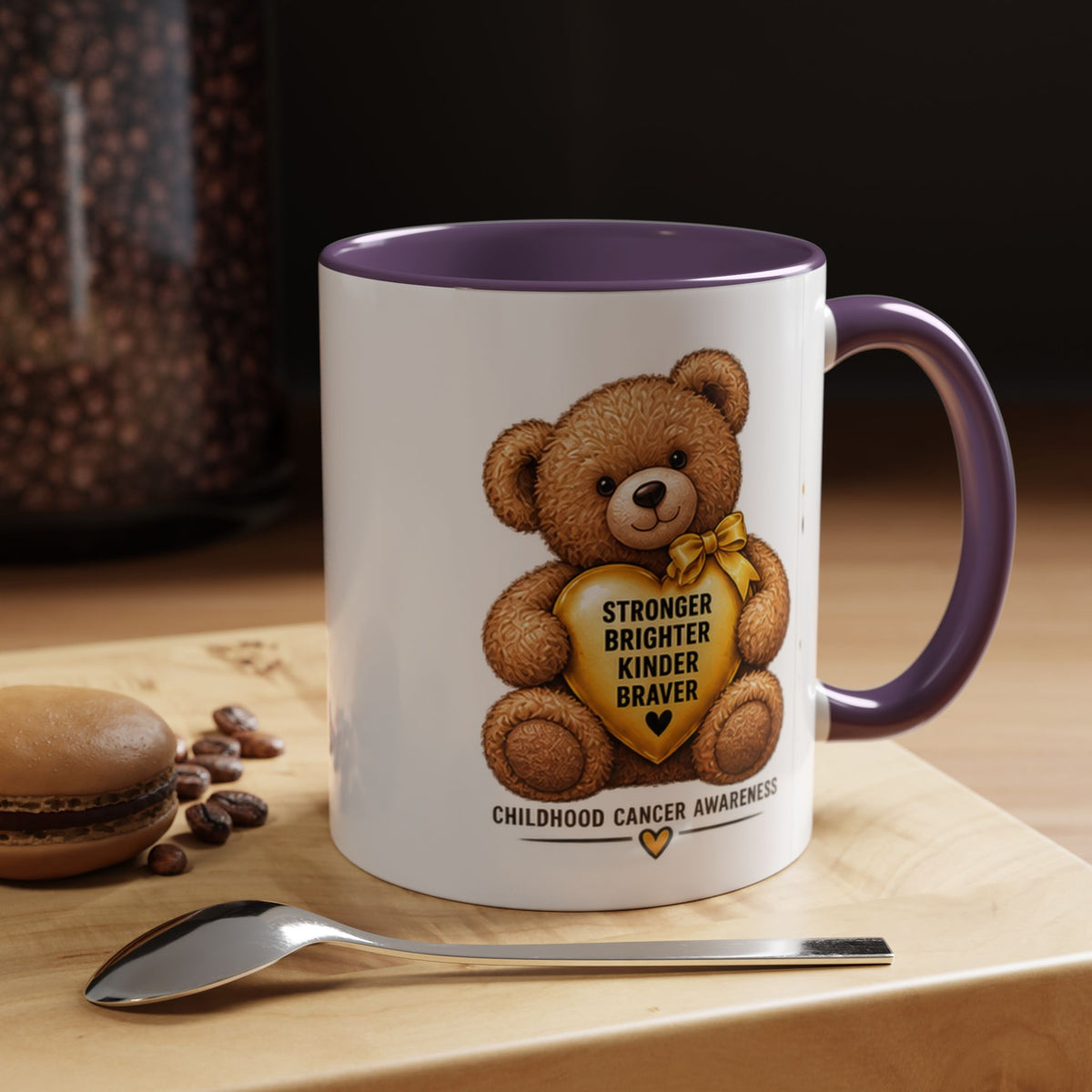 Childhood Cancer Awareness Coffee Mug — 'Stronger Brighter Kinder Braver' Teddy
