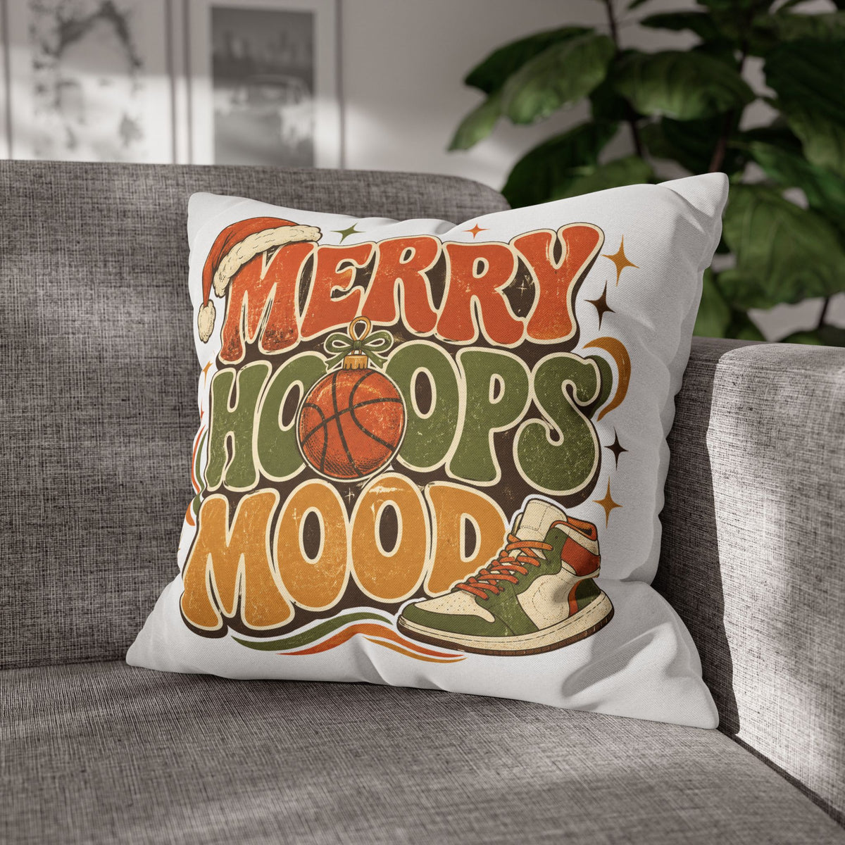 Merry Hoops Mood Holiday Pillowcase Modern Day Christmas  — Basketball Christmas Decorative Throw Pillowcase