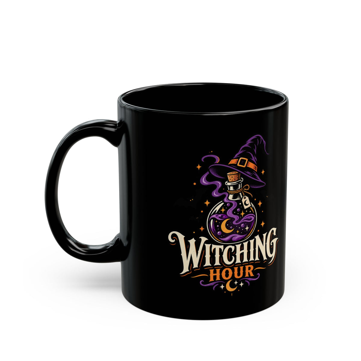 Witching Hour Black Mug — Spooky Halloween Witch Hat & Potion Coffee Cup (11oz/15oz)