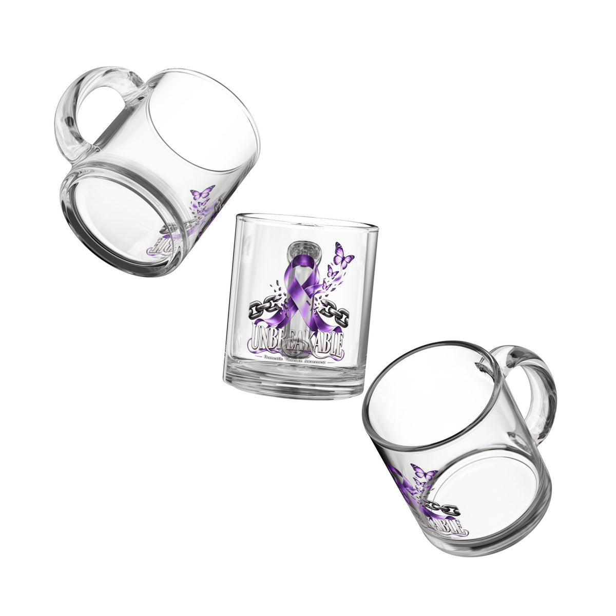 Glass Mug — "Unbreakable" Purple Domestic Violence Awareness Ribbon Design (10 oz)
