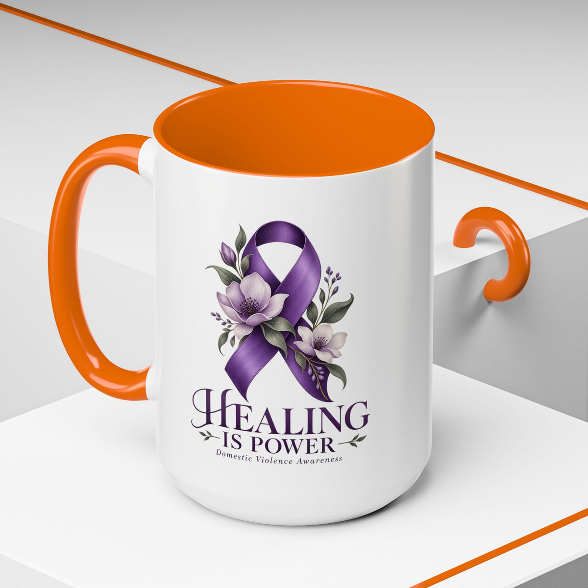 Healing Is Power Purple Ribbon Coffee Mug — Domestic Violence Awareness Accent Mug (11/15oz)
