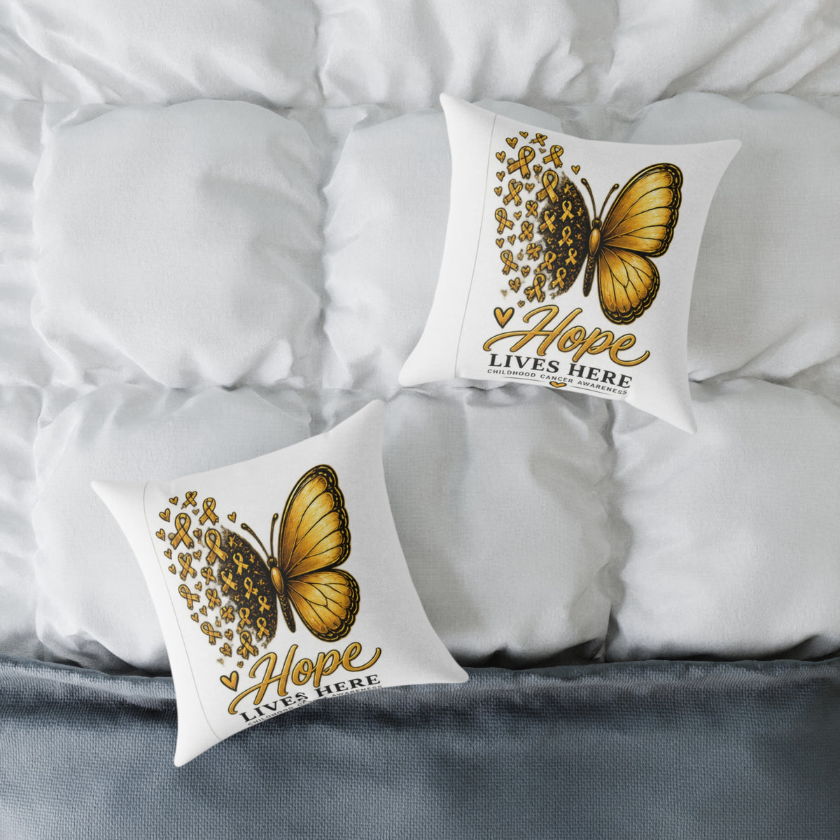 Childhood Cancer Hope Lives Here Butterfly Pillow — Gold Awareness Ribbon Accent