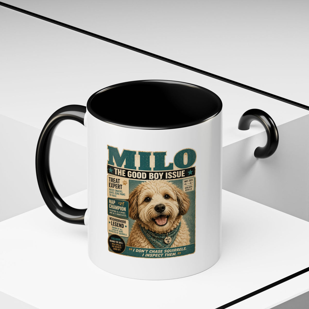 Milo Bailey Dog Dad Mom Milo 'The Good Boy Issue' Accent Coffee Mug – Cute Dog Magazine Cover Design