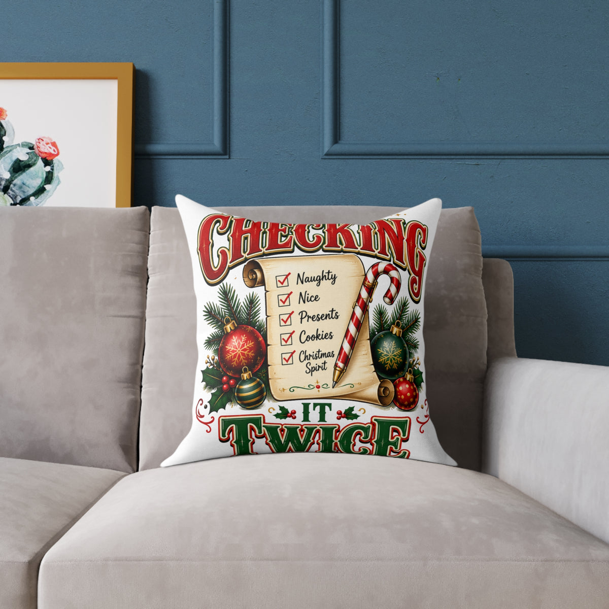 Christmas Checking It Twice Square Poly Canvas Pillow