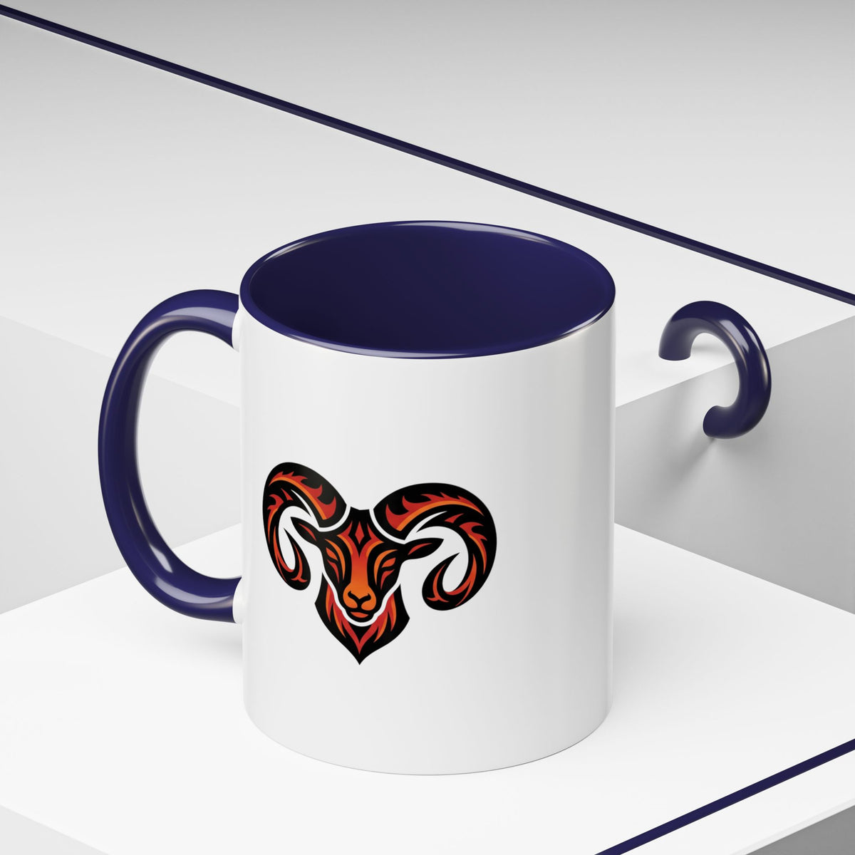 Aries Zodiac Ram Logo Accent Coffee Mug — Bold Tribal Ram Head Design
