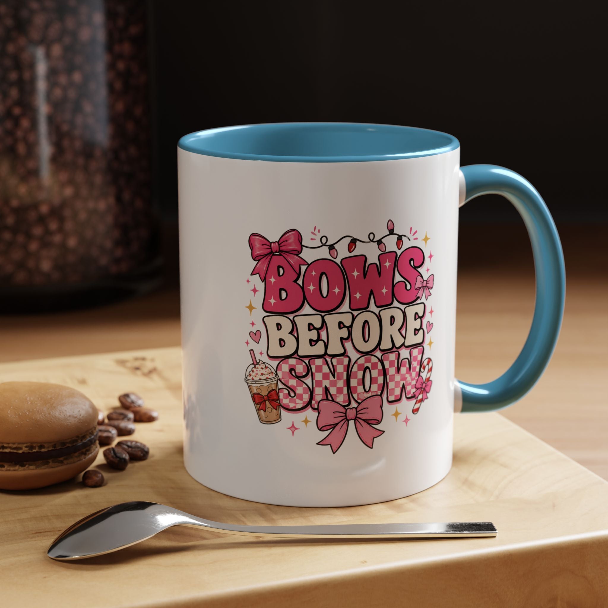 Modern Day Christmas Bows Before Snow Accent Coffee Mug — Cute Pink Holiday Hot Cocoa Design (11/15oz)