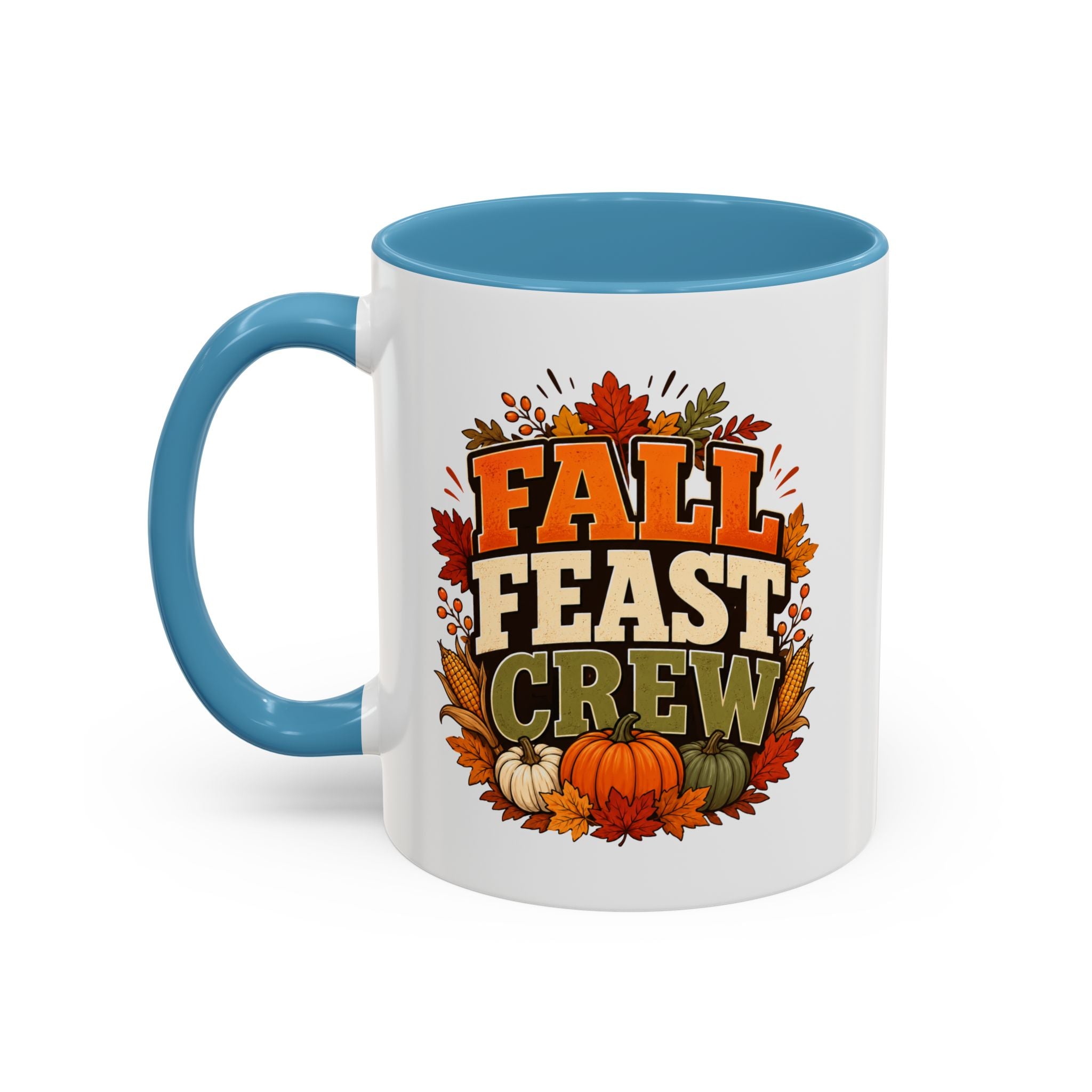 Thanksgiving Mug Fall Feast Crew Coffee Mug — Thanksgiving Pumpkin Autumn Leaves Accent Mug