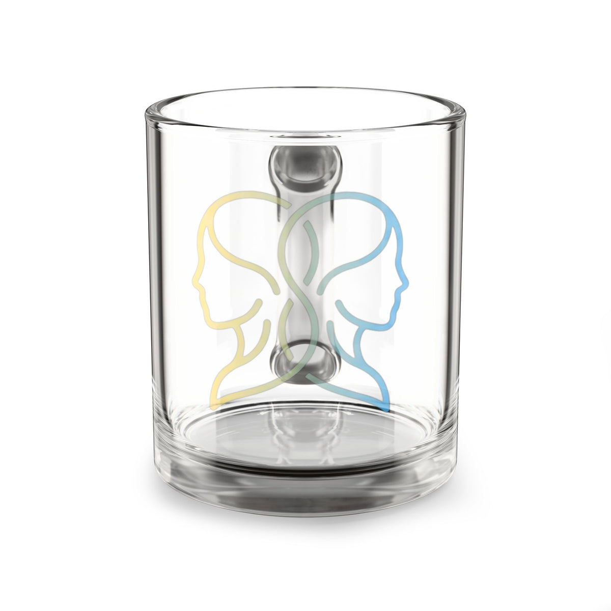 Gemini 10oz Glass Mug — Dual Profile Line Art Coffee Cup (Yellow & Blue)