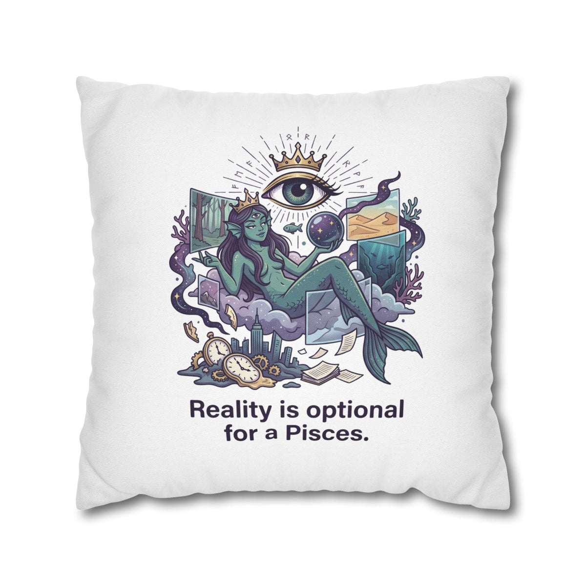 Pisces Mermaid Pillowcase — "Reality Is Optional for a Pisces" Decorative Throw Pillow