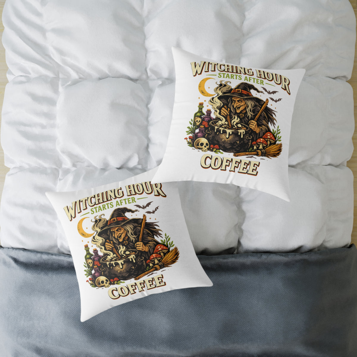 Halloween Witch Coffee Pillow — "Witching Hour Starts After Coffee" Square Throw Pillow