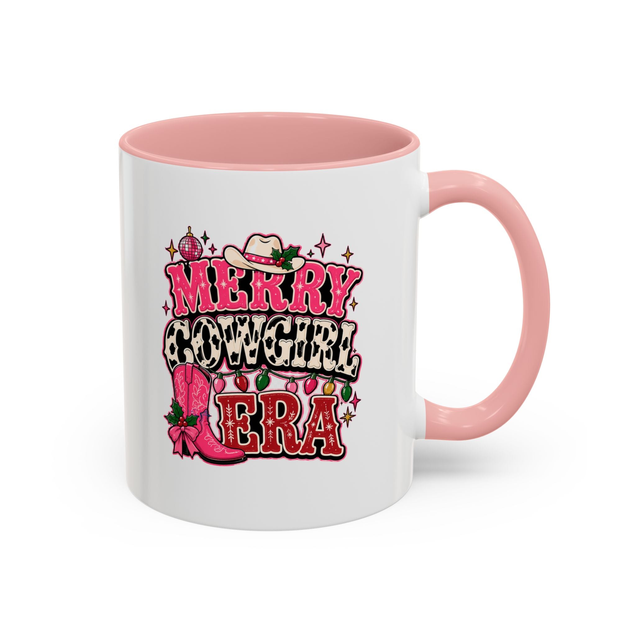 Modern Day Christmas Merry Cowgirl Era Accent Coffee Mug — Festive Pink Western Cowboy Boots & Hat Mug