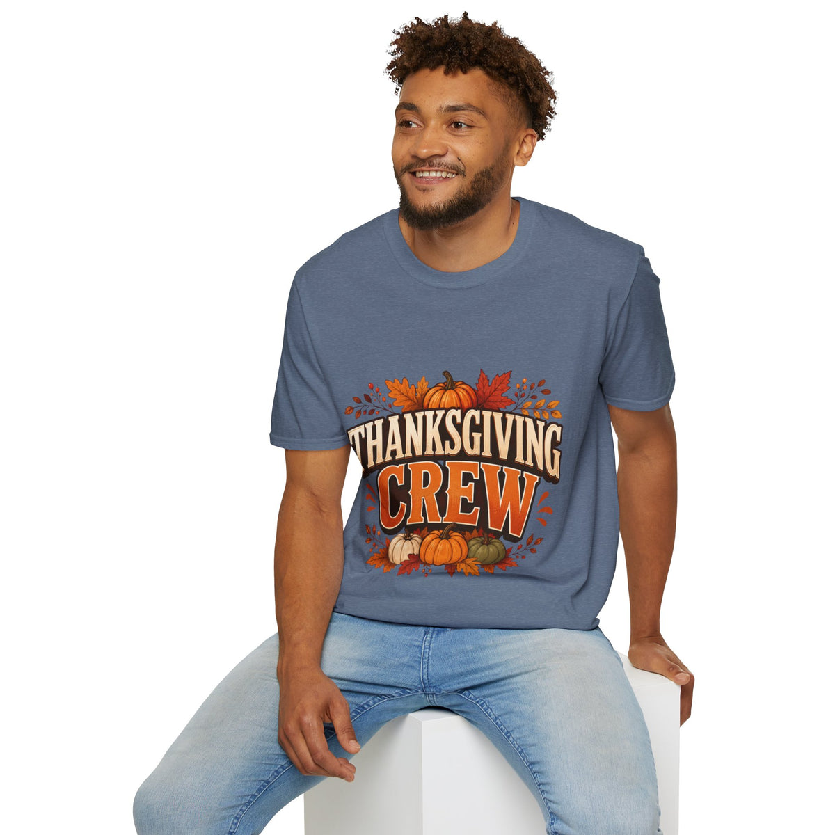 Thanksgiving T-Shirt Crew T-Shirt— Festive Pumpkin & Fall Leaves Holiday Tee