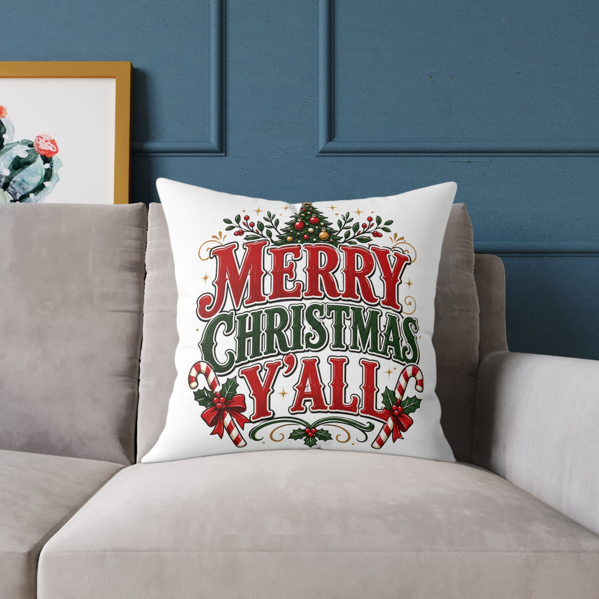 Merry Christmas Y'all Pillow — Festive Holiday Square Throw Pillow