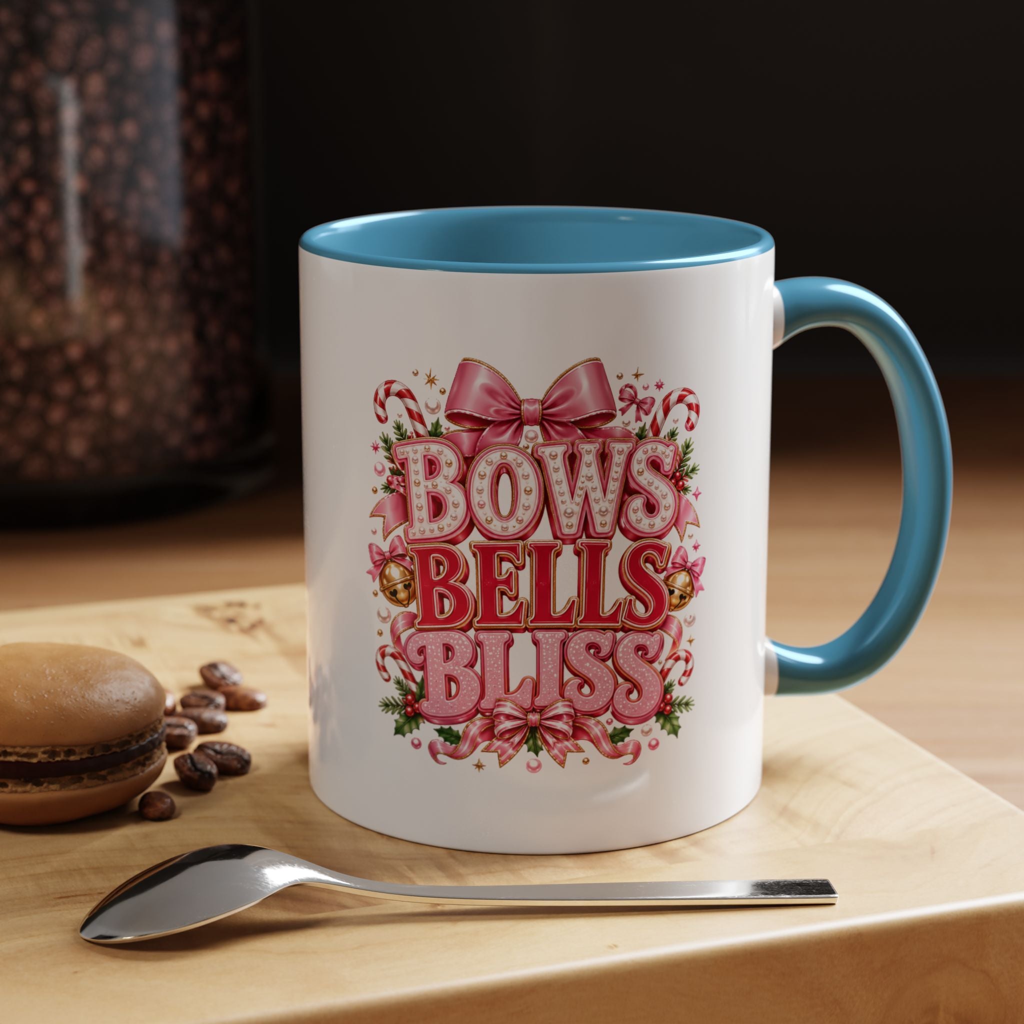 Modern Day Christmas Bows Bells Bliss Coffee Mug — Pink Holiday Accent Mug