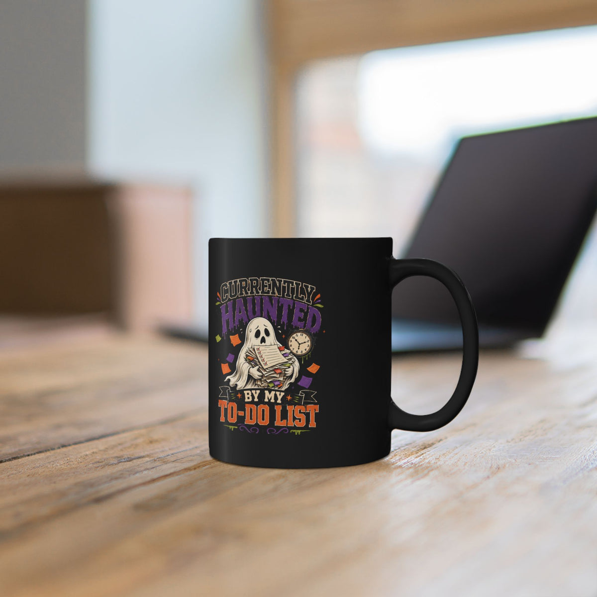 Halloween Currently Haunted by My To-Do List Black Coffee Mug — Halloween Ghost Desk Gift