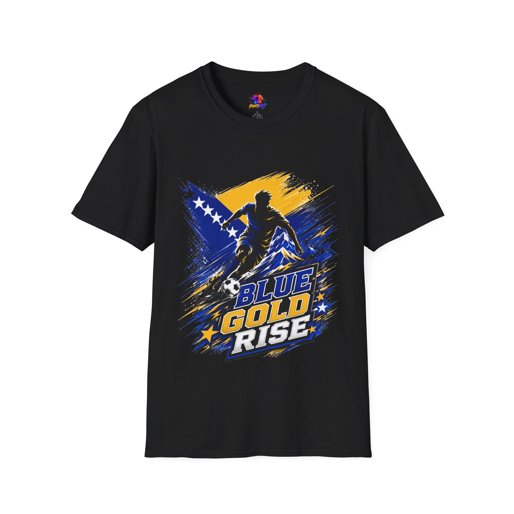 Bosnia Football T‑Shirt - "Blue Gold Rise" Soccer Graphic Tee