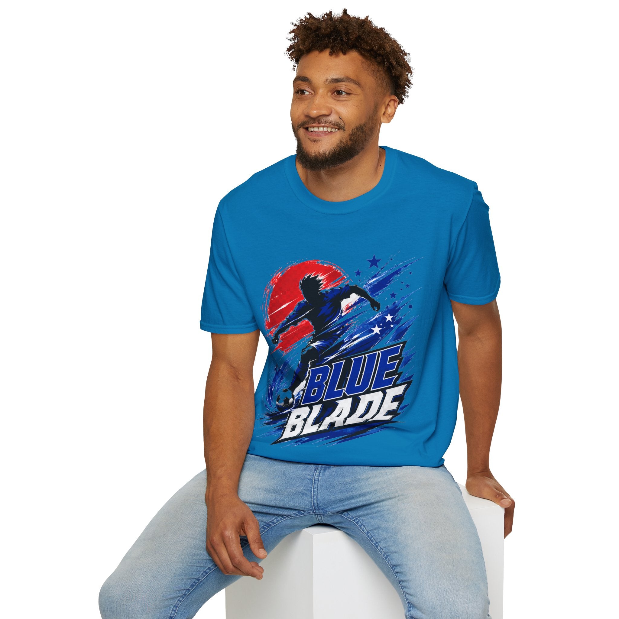 Japan T-Shirt — Blue Blade Soccer Graphic Tee (Red & Blue Starburst)