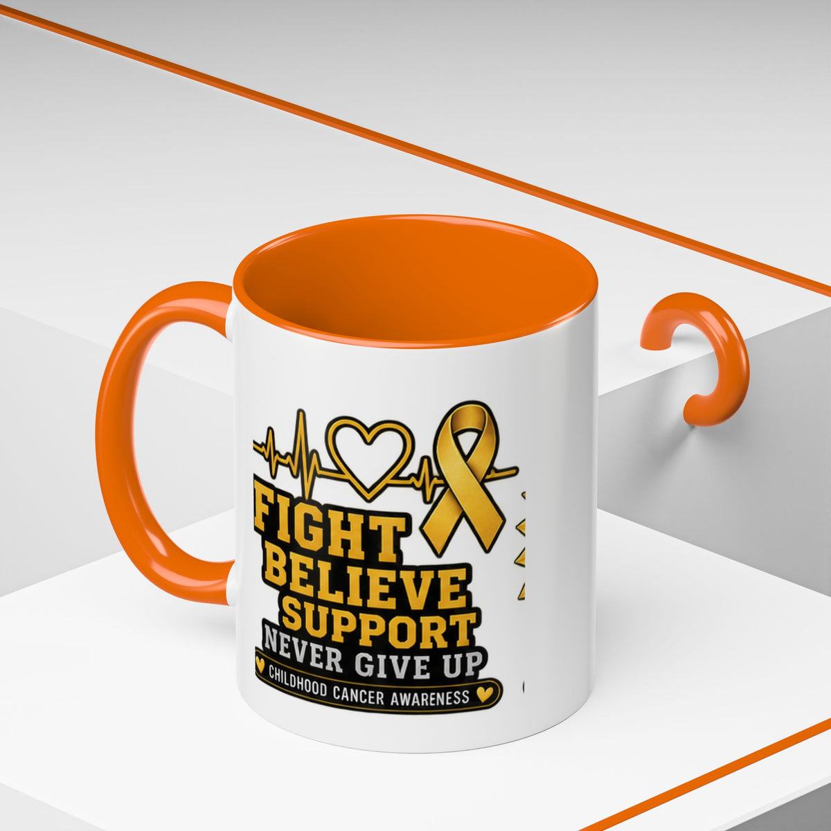 Childhood Cancer Awareness Accent Coffee Mug — "Fight Believe Support" 11/15oz